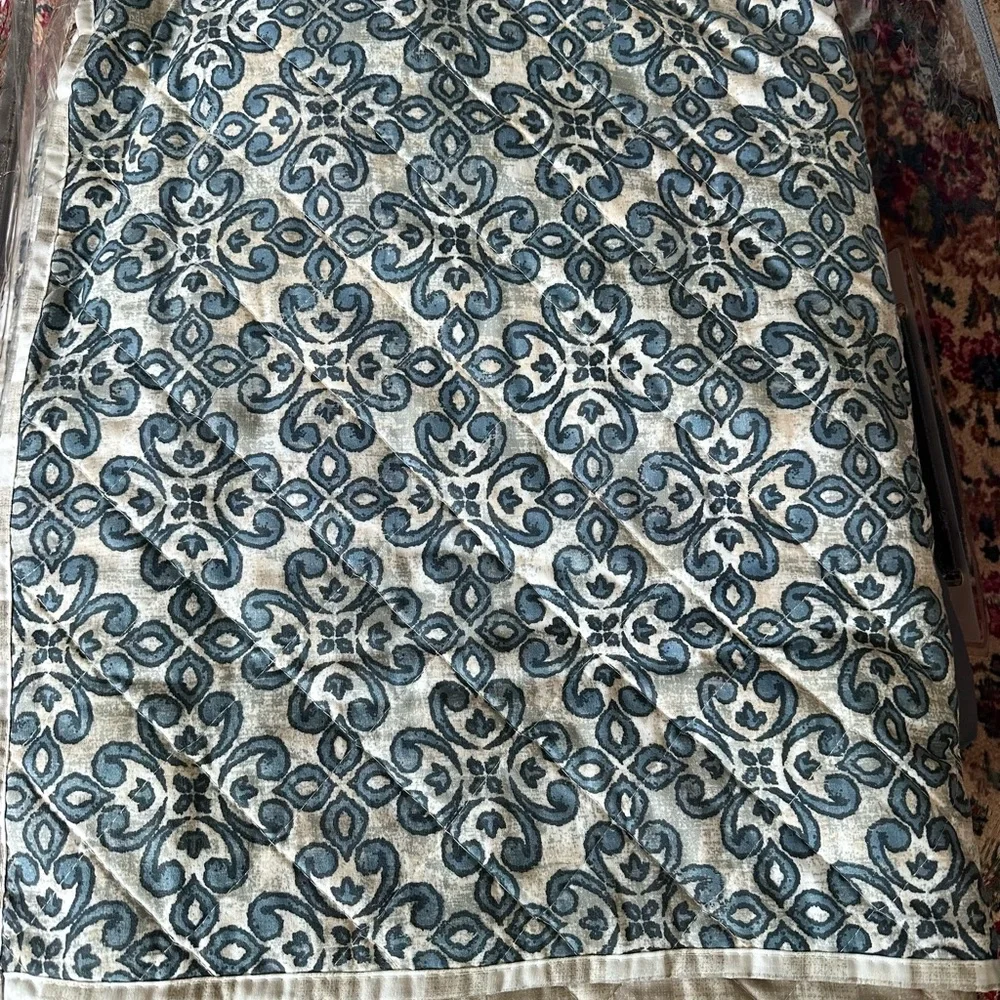 Reversible Comforter and Quilt Bedding Set-Blue, White, Taupe Pattern-Twin/T-XL